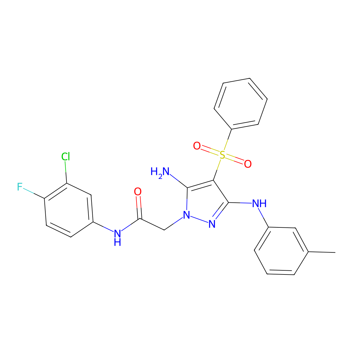 2-(5-amino-4-(phenylsulfonyl)-3-(m-tolylamino)-1H-pyrazol-1-yl)-N-(3-chloro-4-fluorophenyl)acetamide molecular structure, CAS 2034461-67-9
