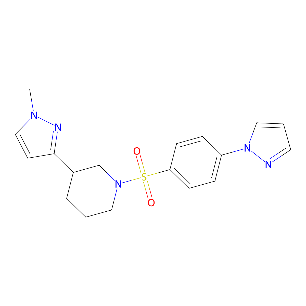 1-((4-(1H-pyrazol-1-yl)phenyl)sulfonyl)-3-(1-methyl-1H-pyrazol-3-yl)piperidine molecular structure, CAS 2034461-68-0
