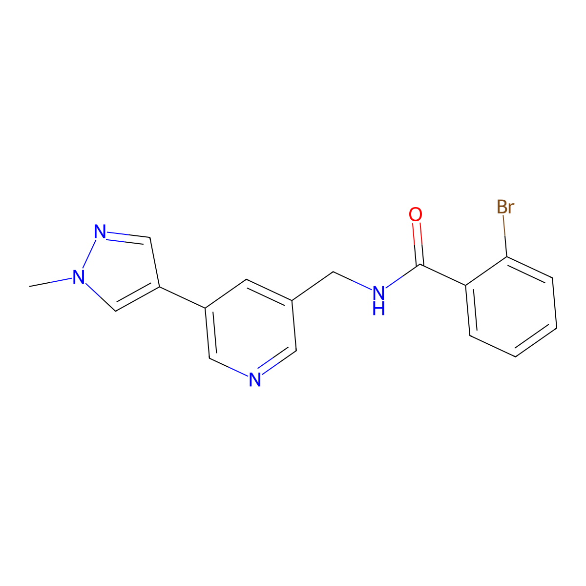 2-bromo-N-((5-(1-methyl-1H-pyrazol-4-yl)pyridin-3-yl)methyl)benzamide molecular structure, CAS 2034461-72-6
