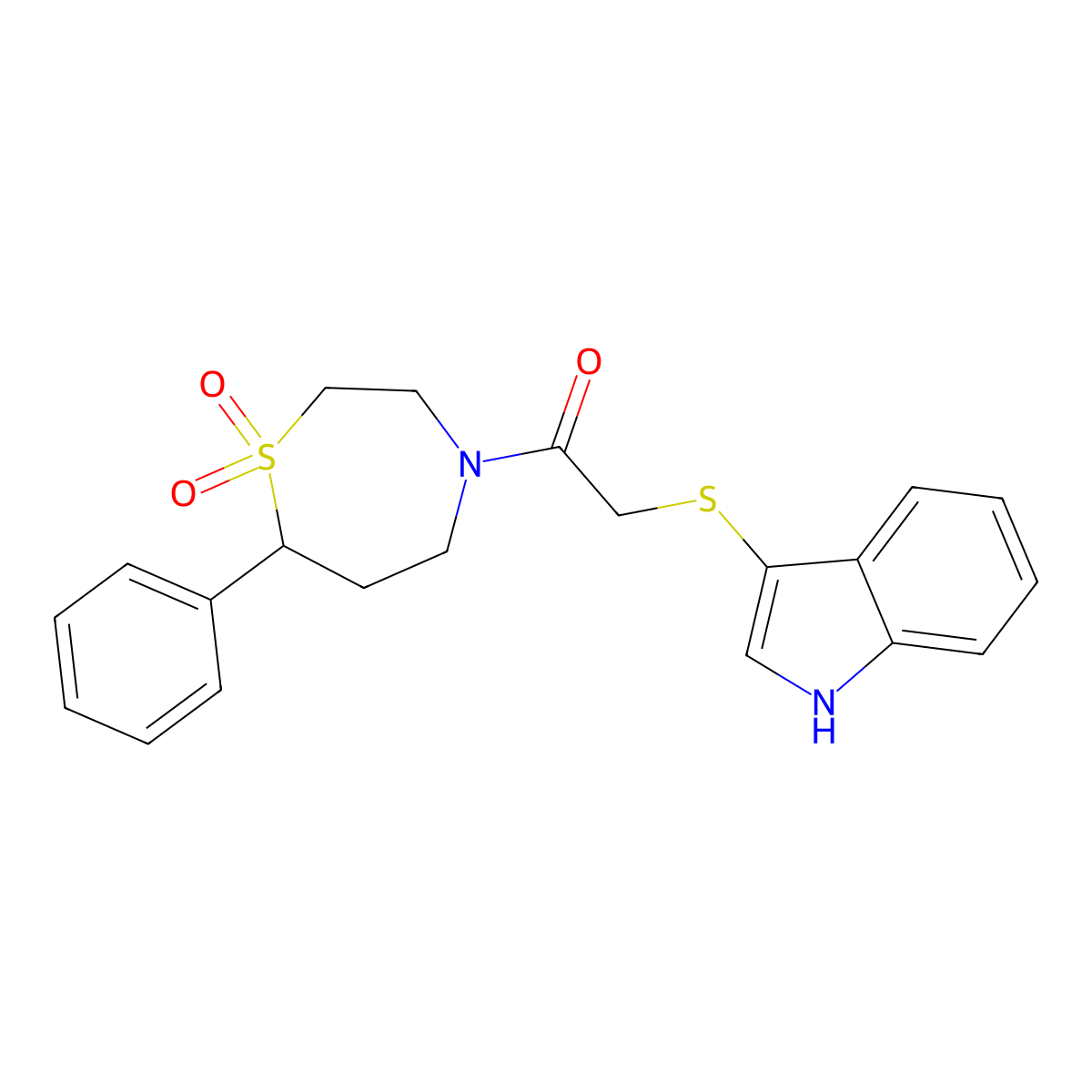 2-((1H-indol-3-yl)thio)-1-(1,1-dioxido-7-phenyl-1,4-thiazepan-4-yl)ethanone molecular structure, CAS 2034461-80-6