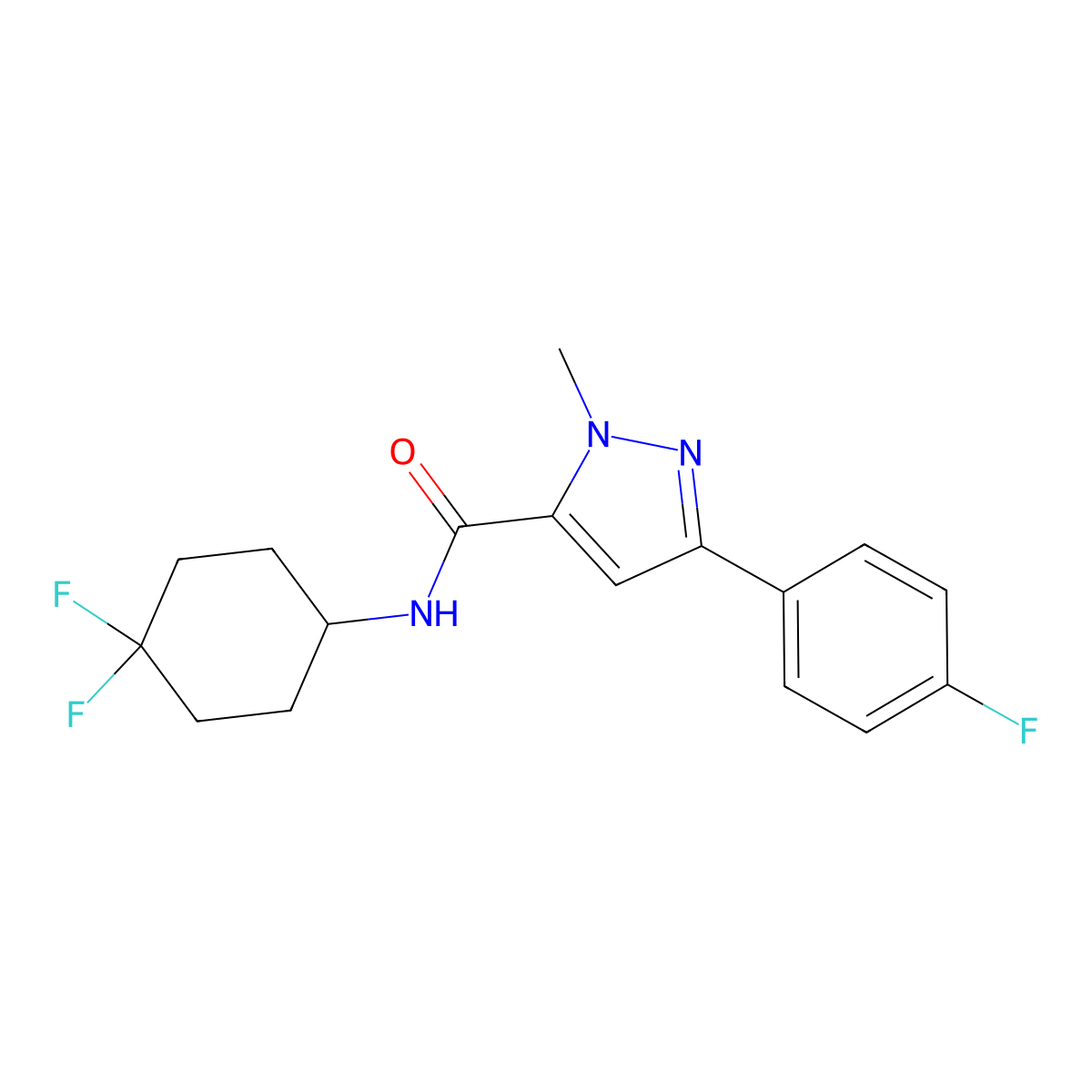 N-(4,4-difluorocyclohexyl)-3-(4-fluorophenyl)-1-methyl-1H-pyrazole-5-carboxamide molecular structure, CAS 2034461-81-7