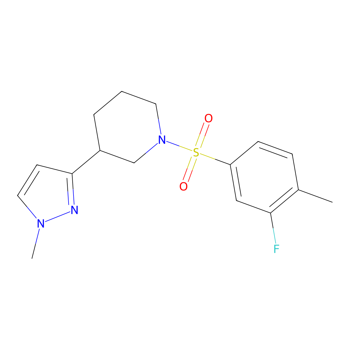 1-((3-fluoro-4-methylphenyl)sulfonyl)-3-(1-methyl-1H-pyrazol-3-yl)piperidine molecular structure, CAS 2034461-82-8