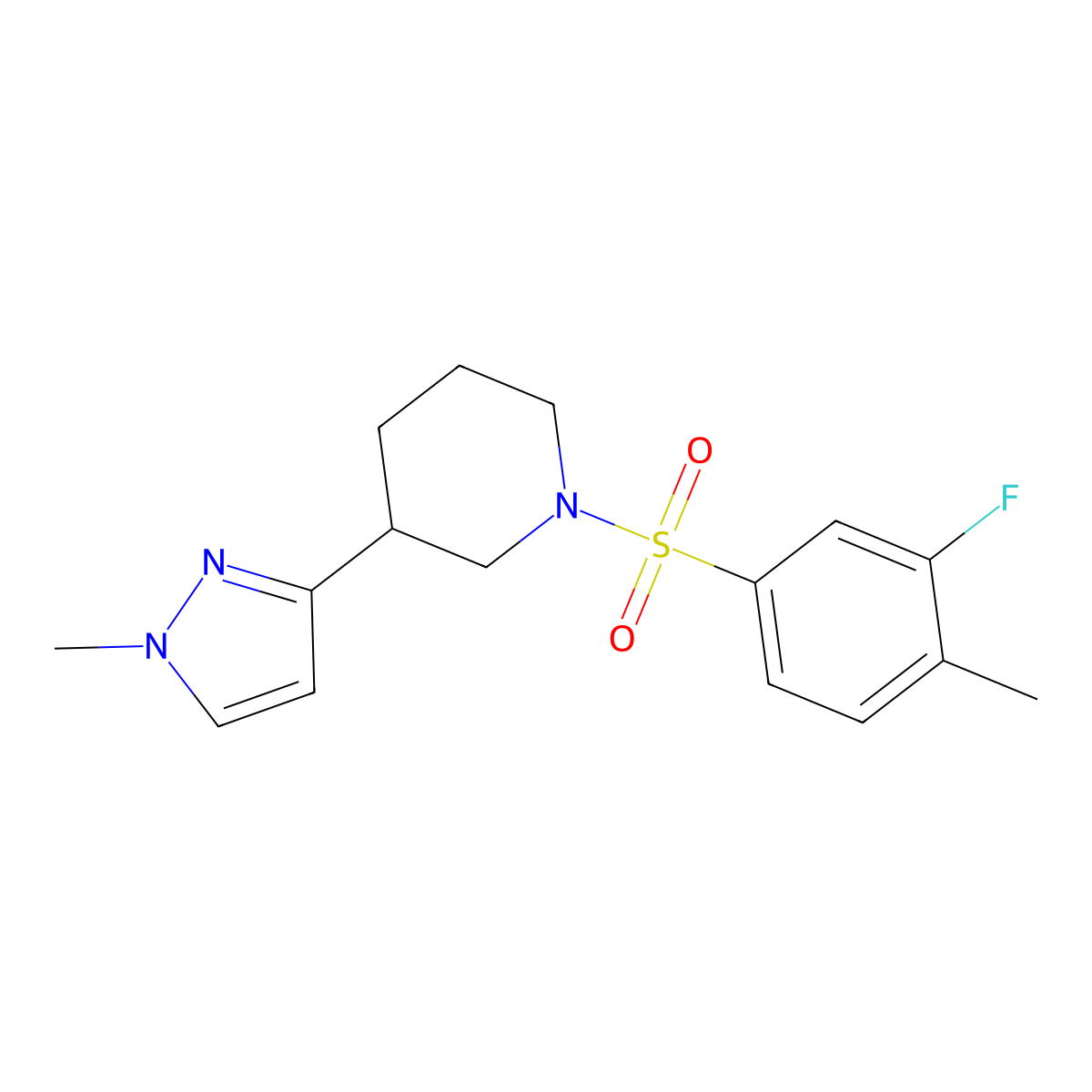 1-((3-fluoro-4-methylphenyl)sulfonyl)-3-(1-methyl-1H-pyrazol-3-yl)piperidine molecular structure, CAS 2034461-82-8