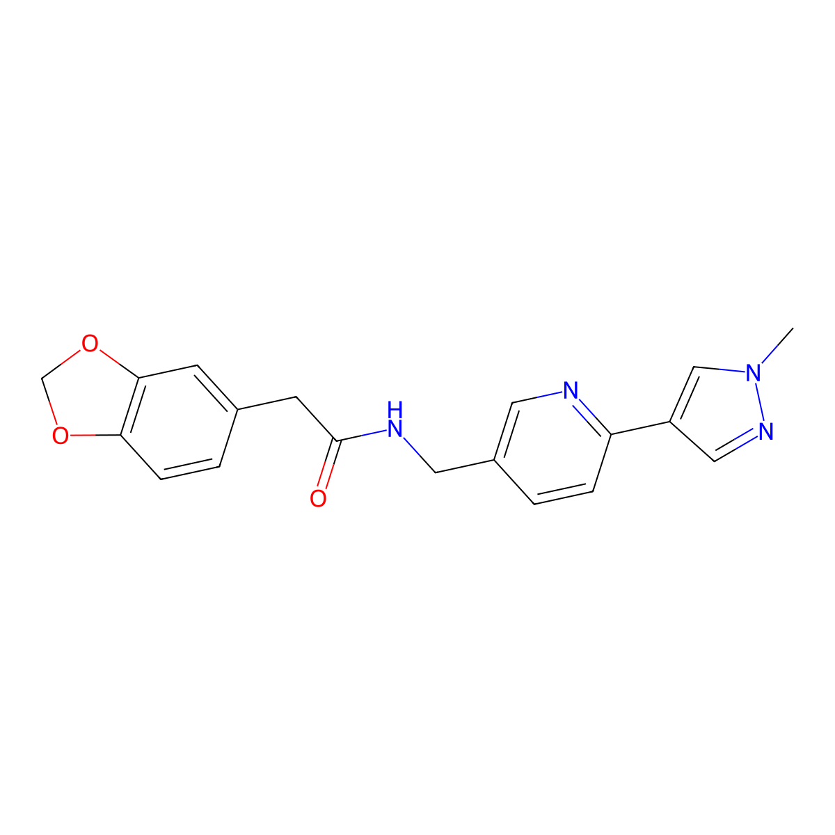 2-(2H-1,3-benzodioxol-5-yl)-N-{[6-(1-methyl-1H-pyrazol-4-yl)pyridin-3-yl]methyl}acetamide molecular structure, CAS 2034461-86-2
