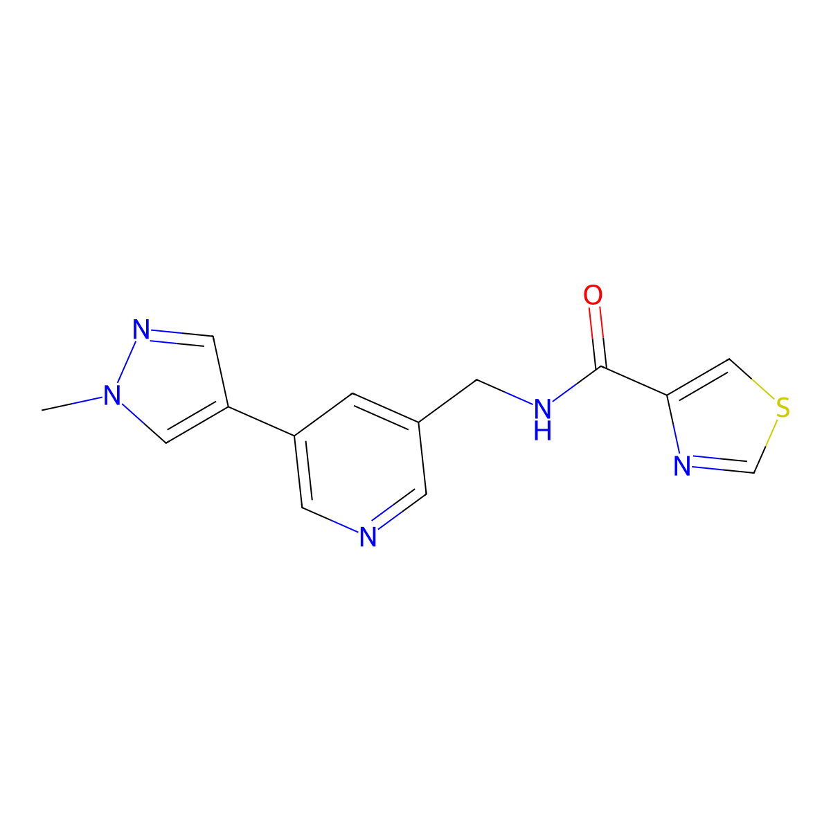 N-((5-(1-methyl-1H-pyrazol-4-yl)pyridin-3-yl)methyl)thiazole-4-carboxamide molecular structure, CAS 2034461-92-0
