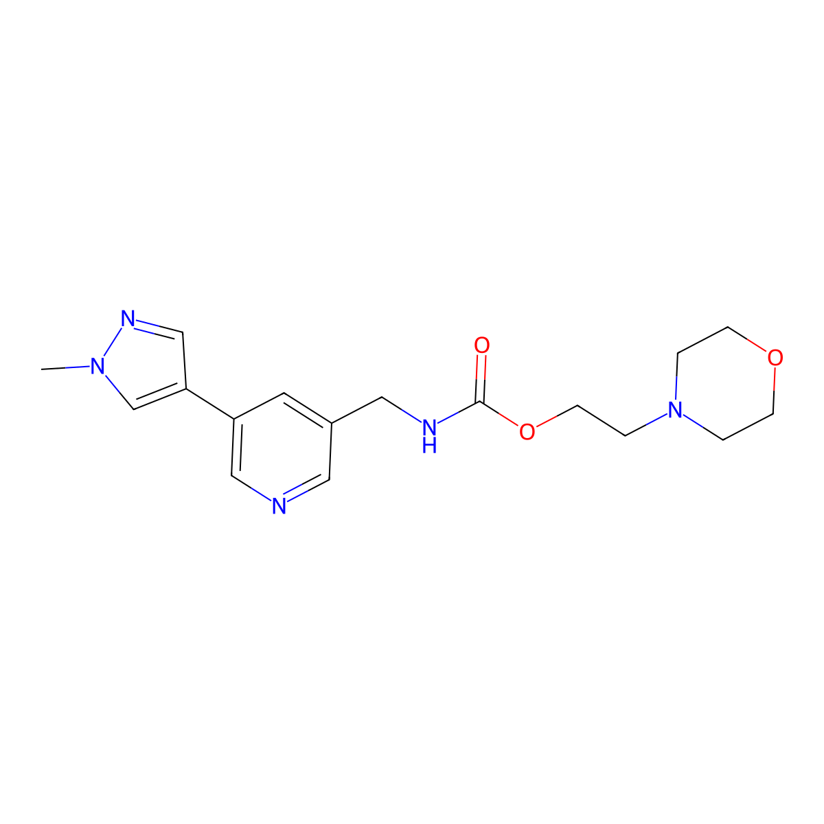 2-morpholinoethyl ((5-(1-methyl-1H-pyrazol-4-yl)pyridin-3-yl)methyl)carbamate molecular structure, CAS 2034462-04-7