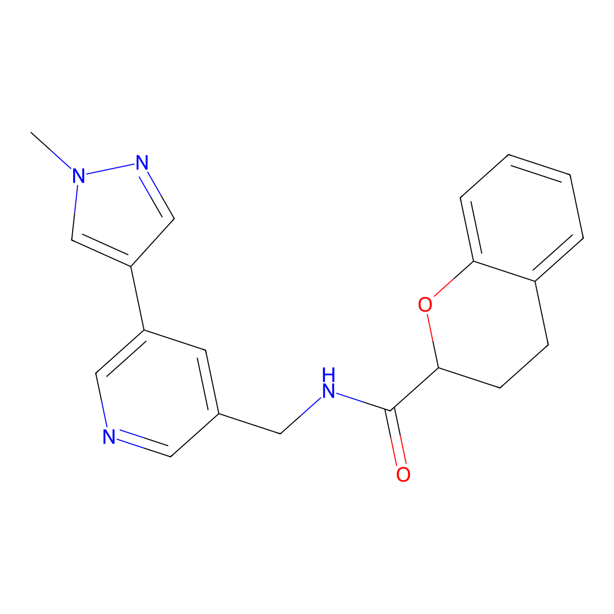 N-((5-(1-methyl-1H-pyrazol-4-yl)pyridin-3-yl)methyl)chroman-2-carboxamide molecular structure, CAS 2034462-08-1