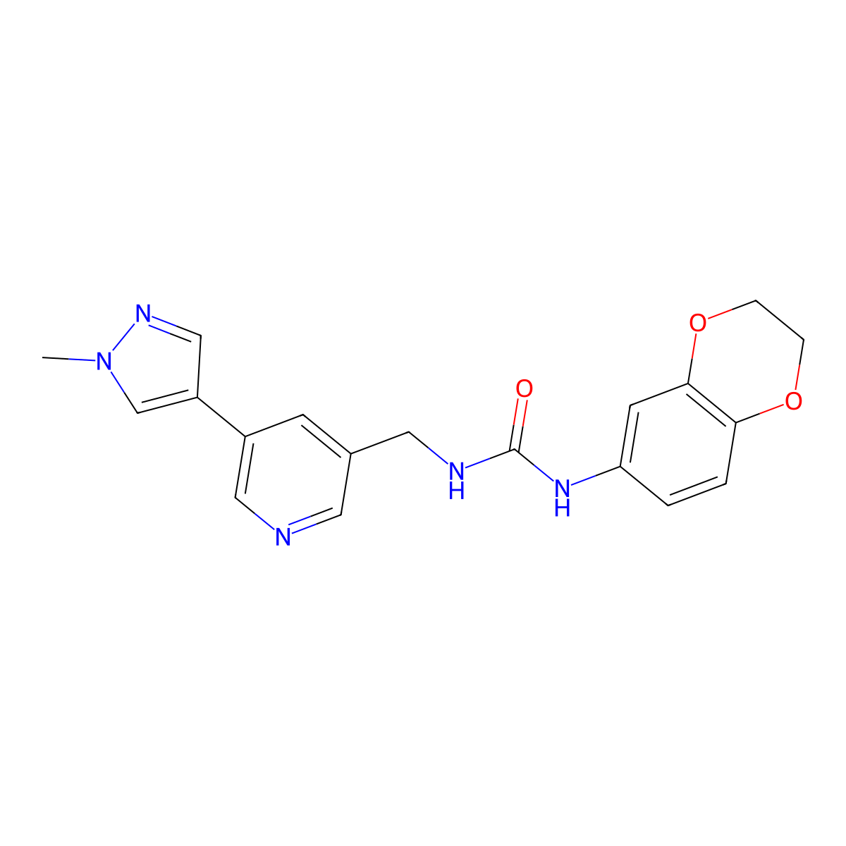1-(2,3-dihydrobenzo[b][1,4]dioxin-6-yl)-3-((5-(1-methyl-1H-pyrazol-4-yl)pyridin-3-yl)methyl)urea molecular structure, CAS 2034462-18-3