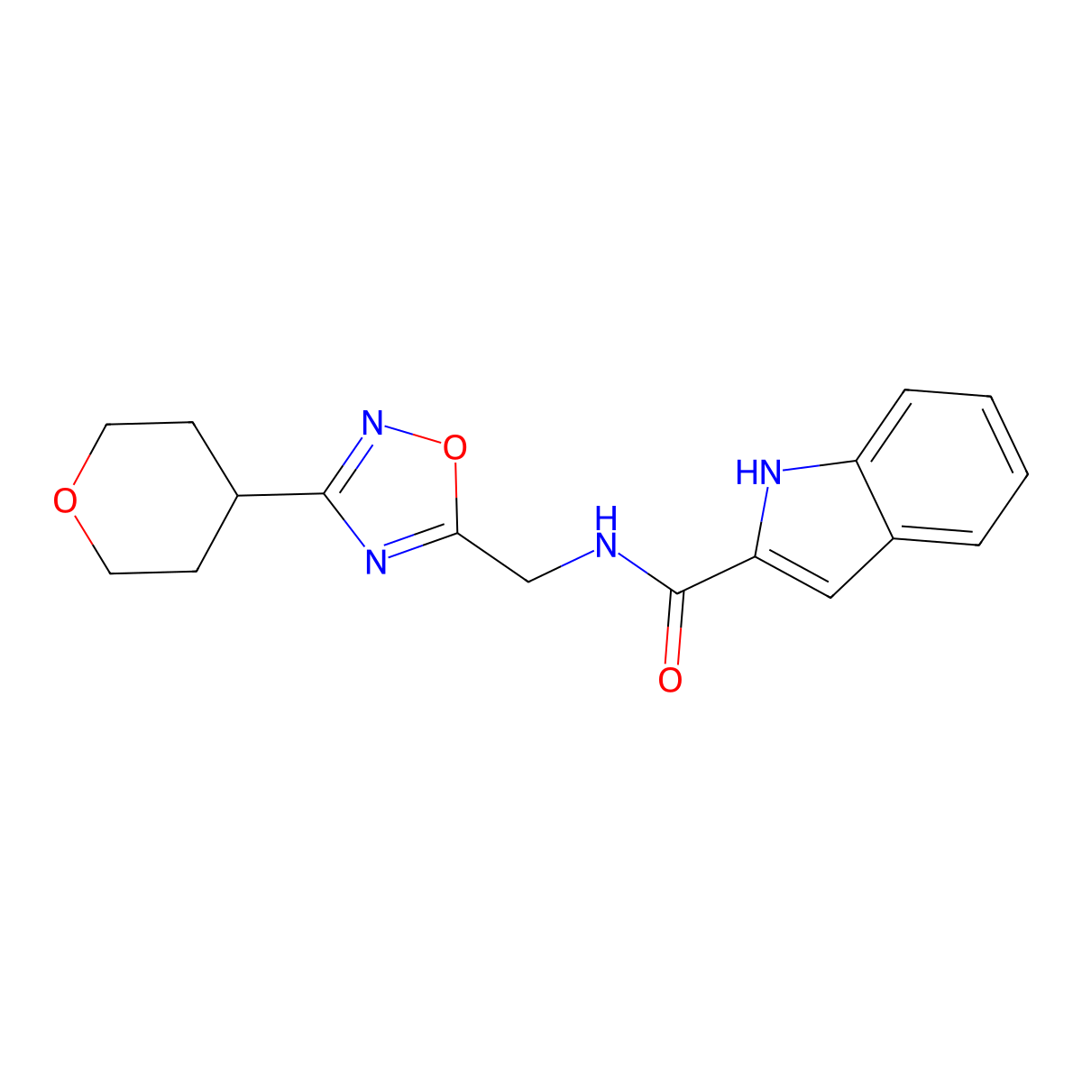 N-((3-(tetrahydro-2H-pyran-4-yl)-1,2,4-oxadiazol-5-yl)methyl)-1H-indole-2-carboxamide molecular structure, CAS 2034462-21-8
