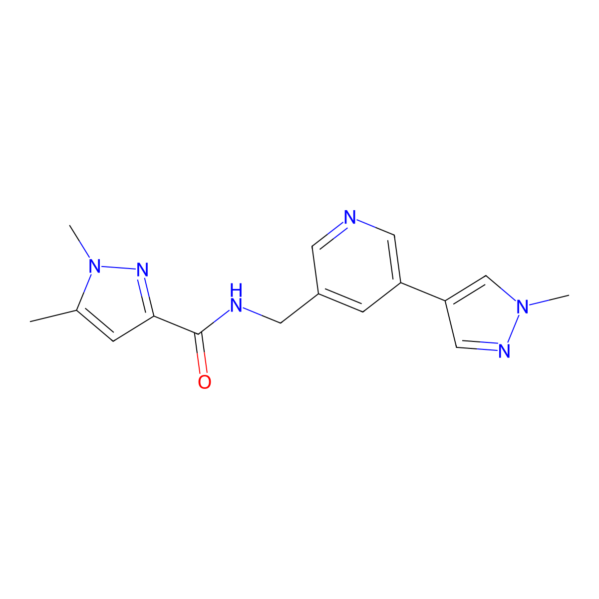 1,5-dimethyl-N-{[5-(1-methyl-1H-pyrazol-4-yl)pyridin-3-yl]methyl}-1H-pyrazole-3-carboxamide molecular structure, CAS 2034462-24-1