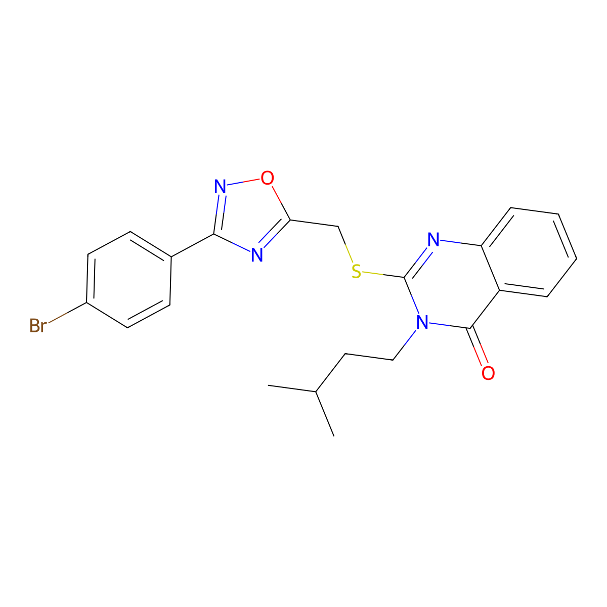 2-(((3-(4-bromophenyl)-1,2,4-oxadiazol-5-yl)methyl)thio)-3-isopentylquinazolin-4(3H)-one molecular structure, CAS 2034462-25-2