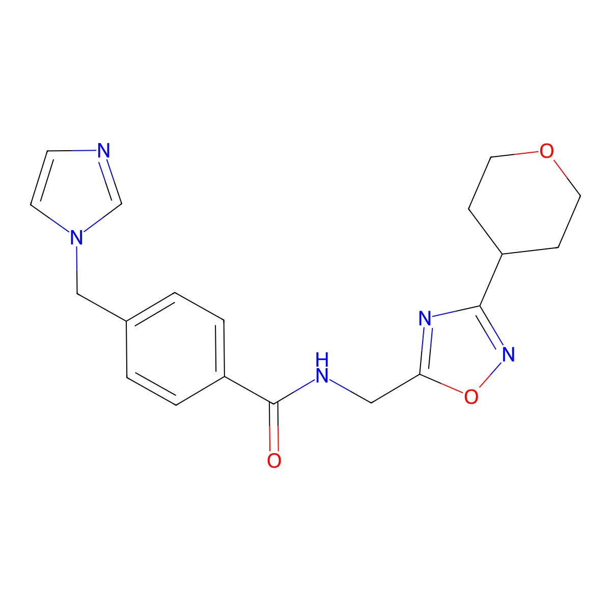 4-((1H-imidazol-1-yl)methyl)-N-((3-(tetrahydro-2H-pyran-4-yl)-1,2,4-oxadiazol-5-yl)methyl)benzamide molecular structure, CAS 2034462-27-4