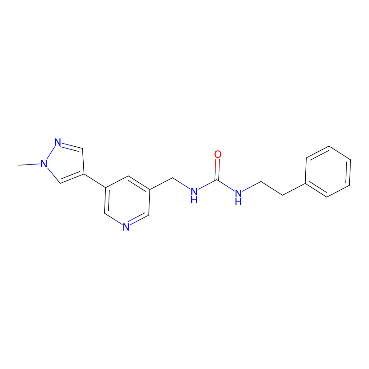 1-((5-(1-methyl-1H-pyrazol-4-yl)pyridin-3-yl)methyl)-3-phenethylurea molecular structure, CAS 2034462-29-6