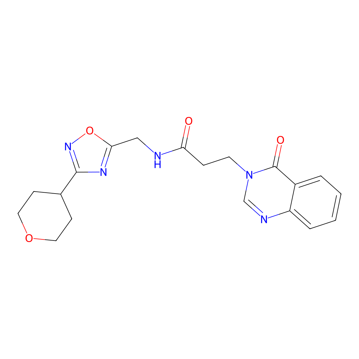 3-(4-oxoquinazolin-3(4H)-yl)-N-((3-(tetrahydro-2H-pyran-4-yl)-1,2,4-oxadiazol-5-yl)methyl)propanamide molecular structure, CAS 2034462-32-1