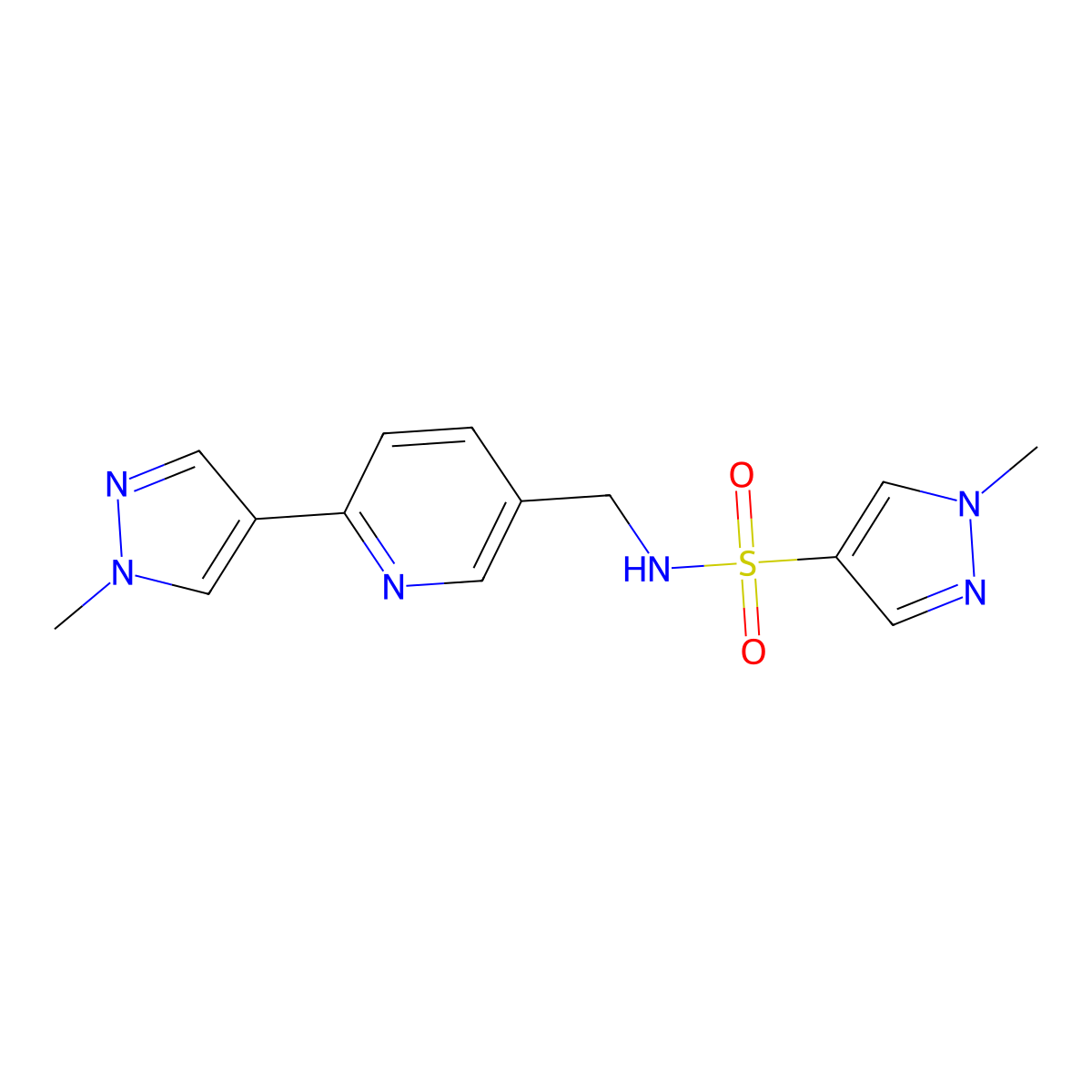 1-methyl-N-{[6-(1-methyl-1H-pyrazol-4-yl)pyridin-3-yl]methyl}-1H-pyrazole-4-sulfonamide molecular structure, CAS 2034462-38-7