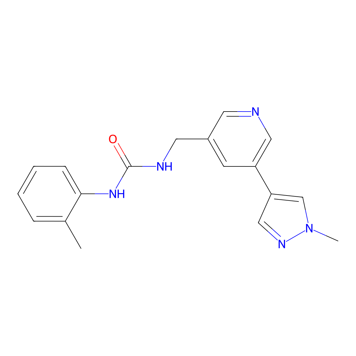 1-((5-(1-methyl-1H-pyrazol-4-yl)pyridin-3-yl)methyl)-3-(o-tolyl)urea molecular structure, CAS 2034462-40-1