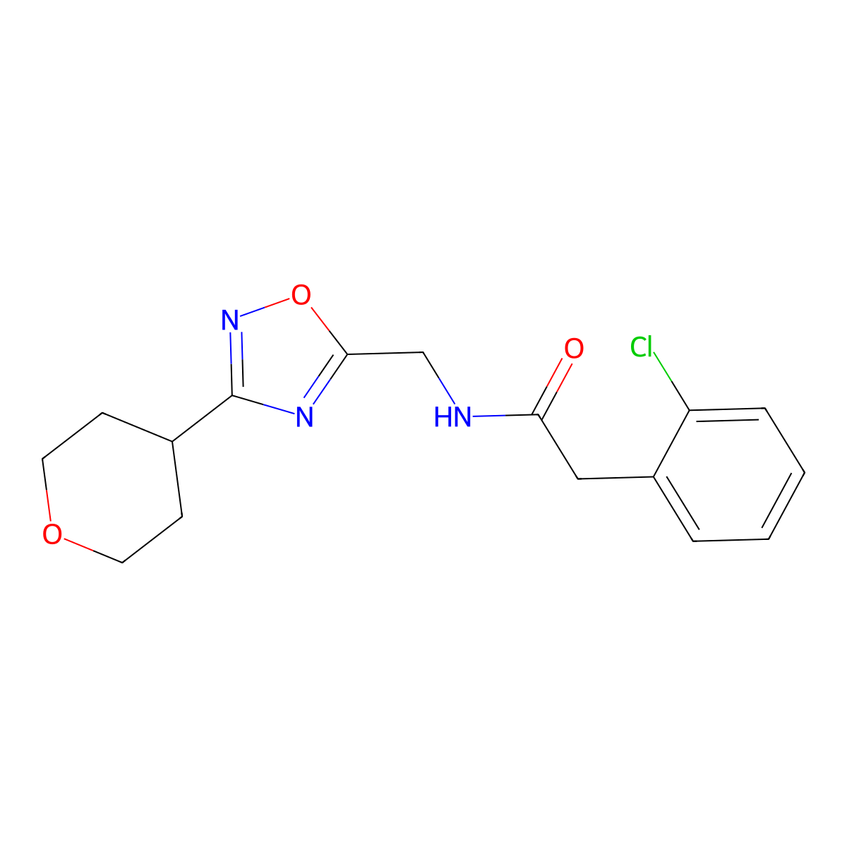 2-(2-chlorophenyl)-N-((3-(tetrahydro-2H-pyran-4-yl)-1,2,4-oxadiazol-5-yl)methyl)acetamide molecular structure, CAS 2034462-44-5