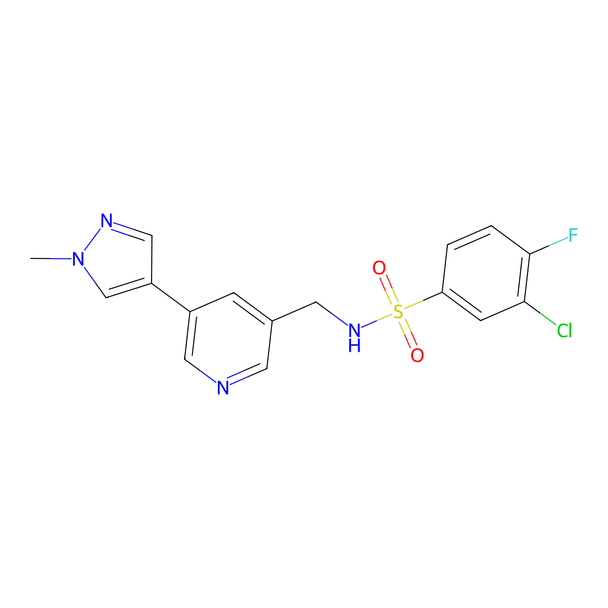 3-chloro-4-fluoro-N-((5-(1-methyl-1H-pyrazol-4-yl)pyridin-3-yl)methyl)benzenesulfonamide molecular structure, CAS 2034462-45-6