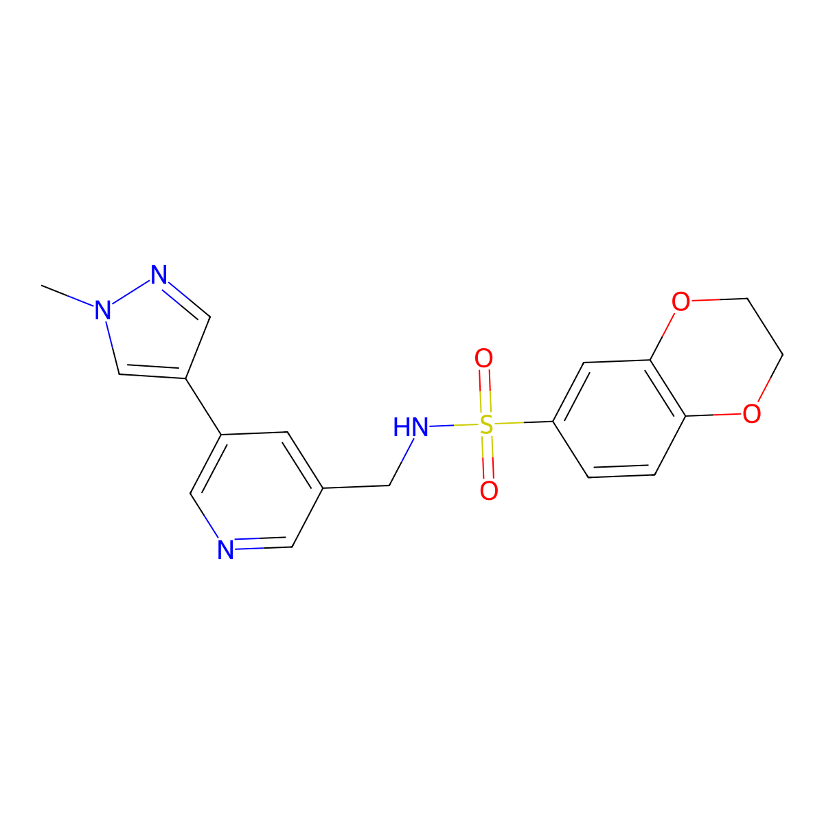 N-((5-(1-methyl-1H-pyrazol-4-yl)pyridin-3-yl)methyl)-2,3-dihydrobenzo[b][1,4]dioxine-6-sulfonamide molecular structure, CAS 2034462-46-7