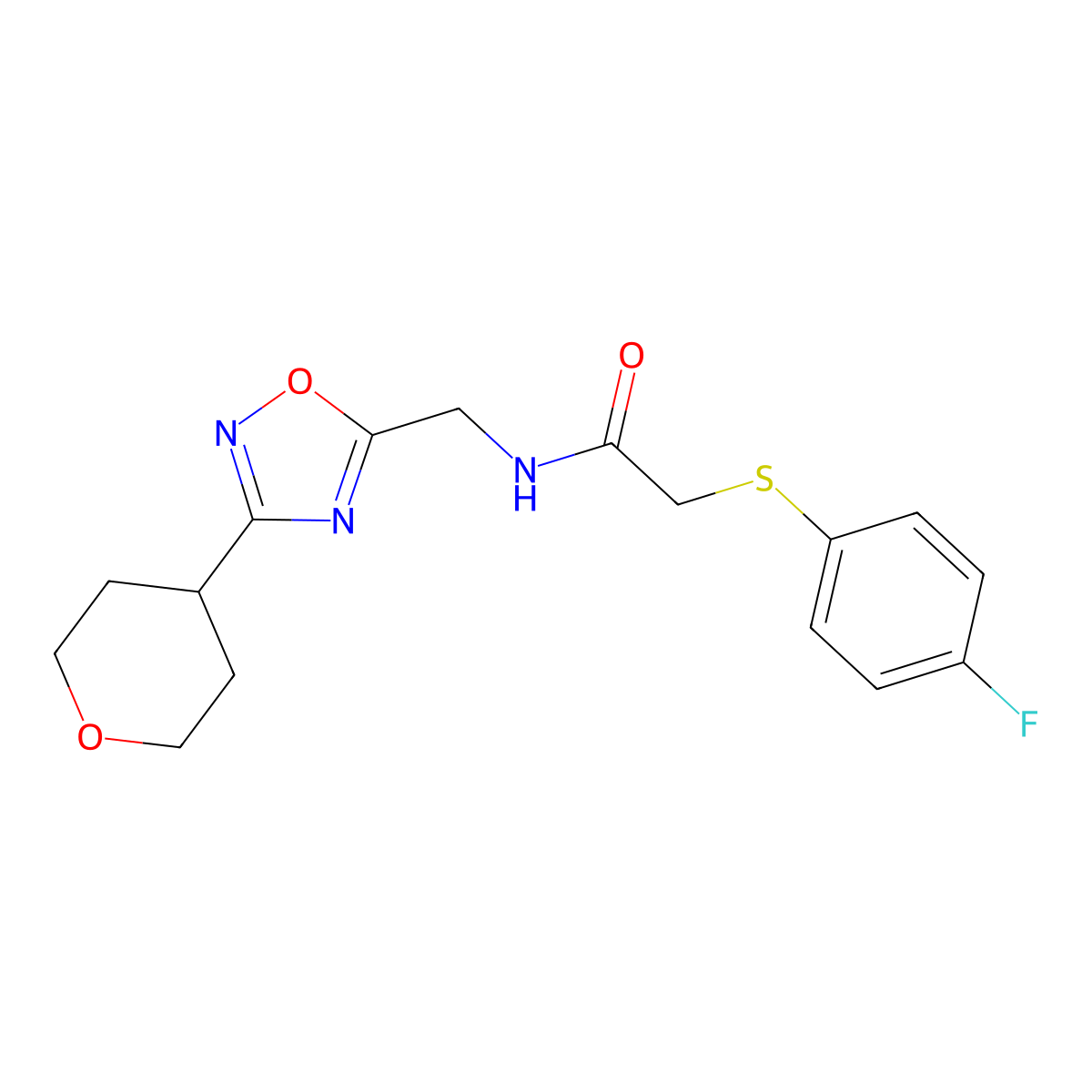 2-((4-fluorophenyl)thio)-N-((3-(tetrahydro-2H-pyran-4-yl)-1,2,4-oxadiazol-5-yl)methyl)acetamide molecular structure, CAS 2034462-47-8