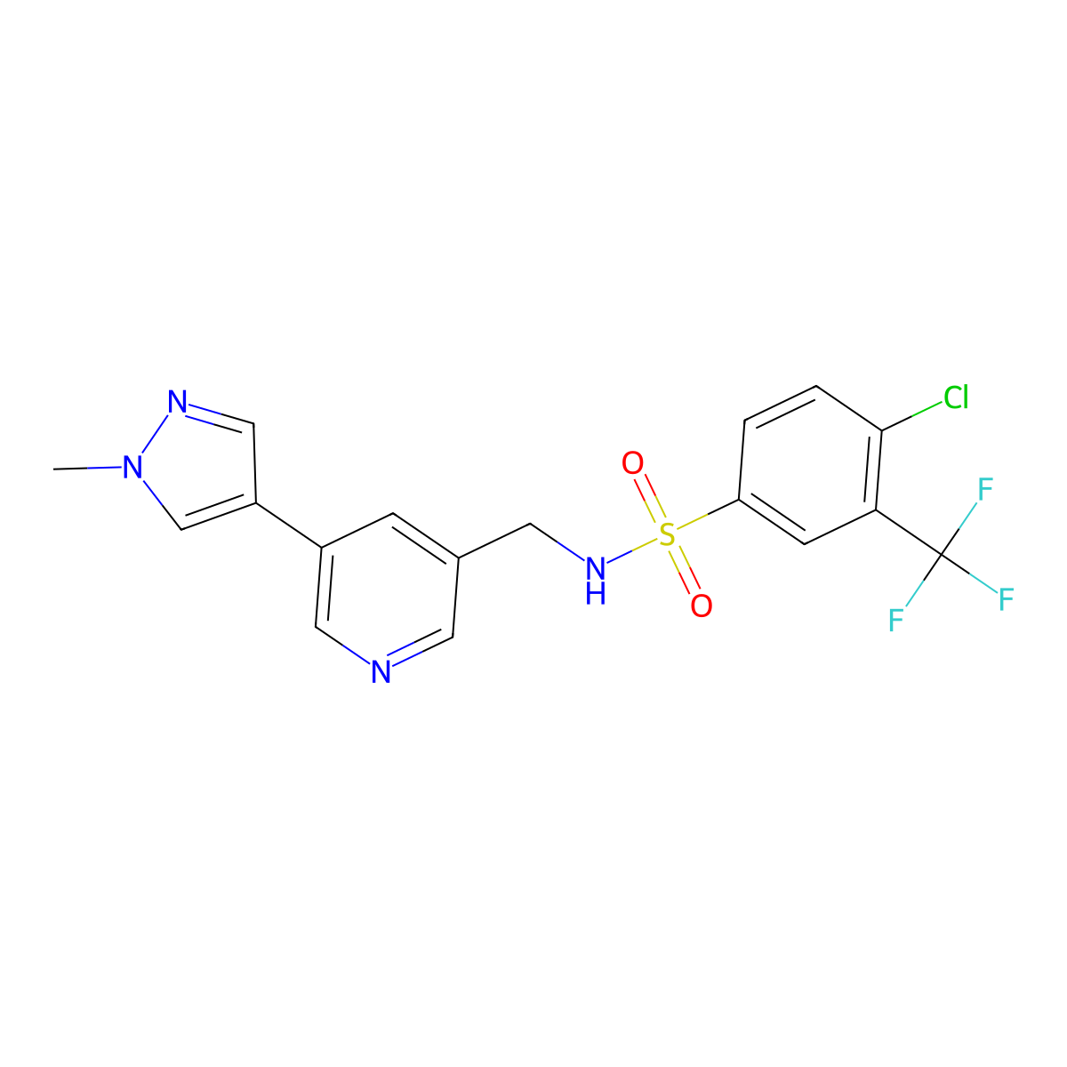 4-chloro-N-((5-(1-methyl-1H-pyrazol-4-yl)pyridin-3-yl)methyl)-3-(trifluoromethyl)benzenesulfonamide molecular structure, CAS 2034462-60-5