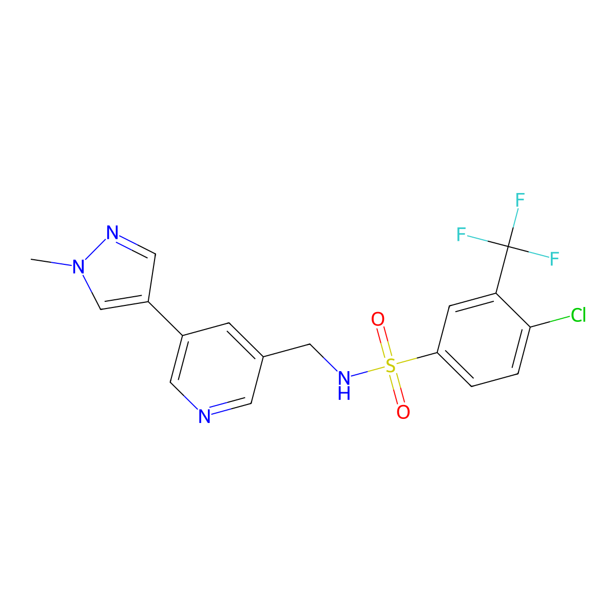 4-chloro-N-((5-(1-methyl-1H-pyrazol-4-yl)pyridin-3-yl)methyl)-3-(trifluoromethyl)benzenesulfonamide molecular structure, CAS 2034462-60-5