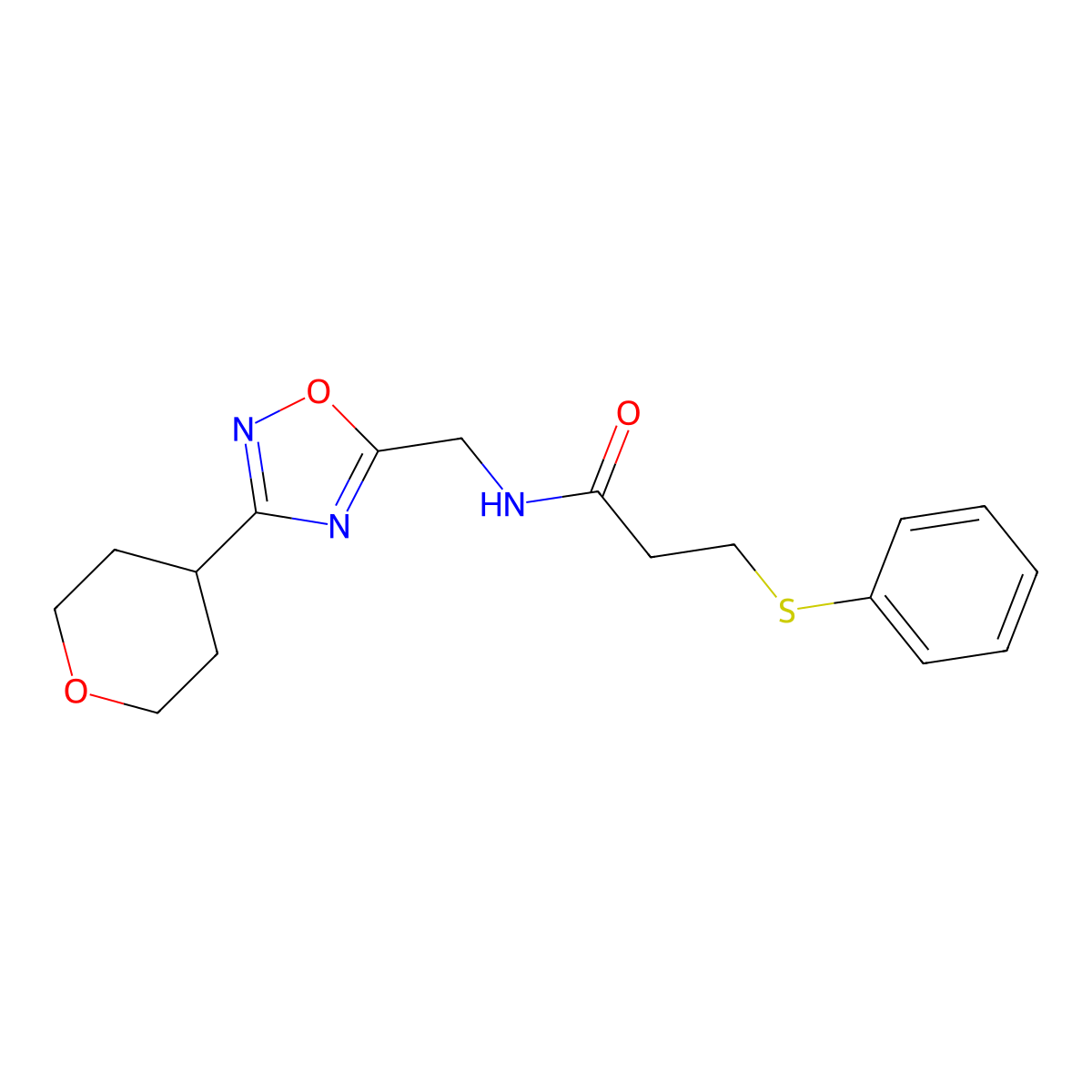 3-(phenylthio)-N-((3-(tetrahydro-2H-pyran-4-yl)-1,2,4-oxadiazol-5-yl)methyl)propanamide molecular structure, CAS 2034462-62-7