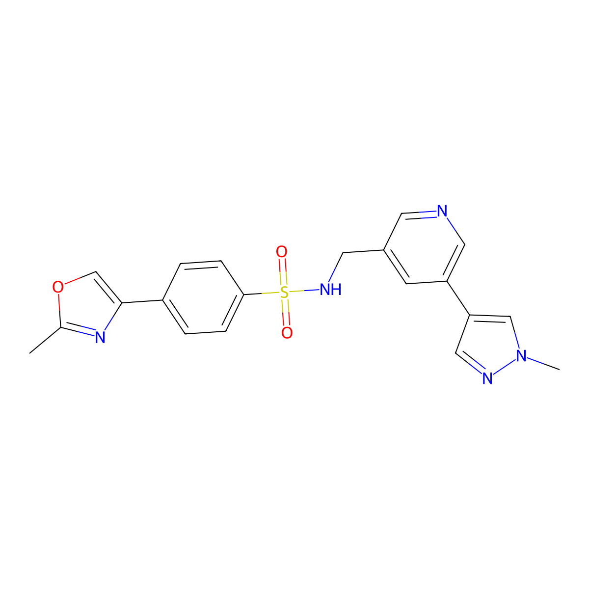N-((5-(1-methyl-1H-pyrazol-4-yl)pyridin-3-yl)methyl)-4-(2-methyloxazol-4-yl)benzenesulfonamide molecular structure, CAS 2034462-65-0