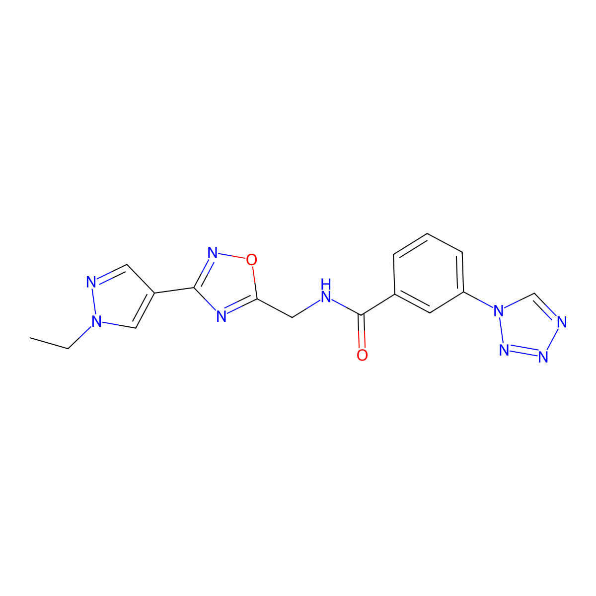 N-((3-(1-ethyl-1H-pyrazol-4-yl)-1,2,4-oxadiazol-5-yl)methyl)-3-(1H-tetrazol-1-yl)benzamide molecular structure, CAS 2034462-71-8