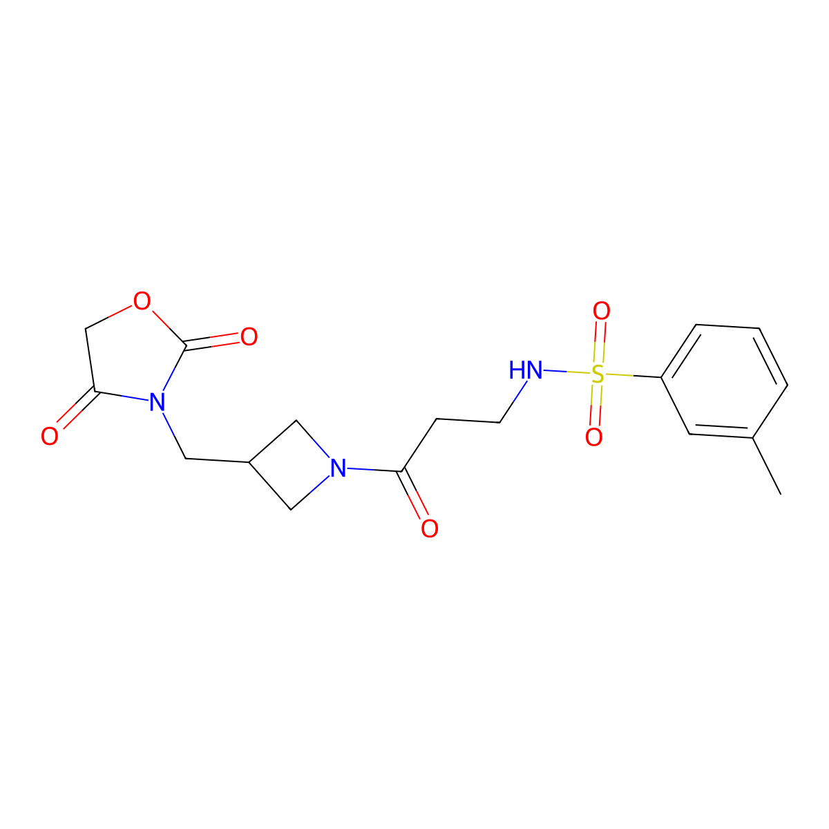 N-(3-(3-((2,4-dioxooxazolidin-3-yl)methyl)azetidin-1-yl)-3-oxopropyl)-3-methylbenzenesulfonamide molecular structure, CAS 2034462-73-0