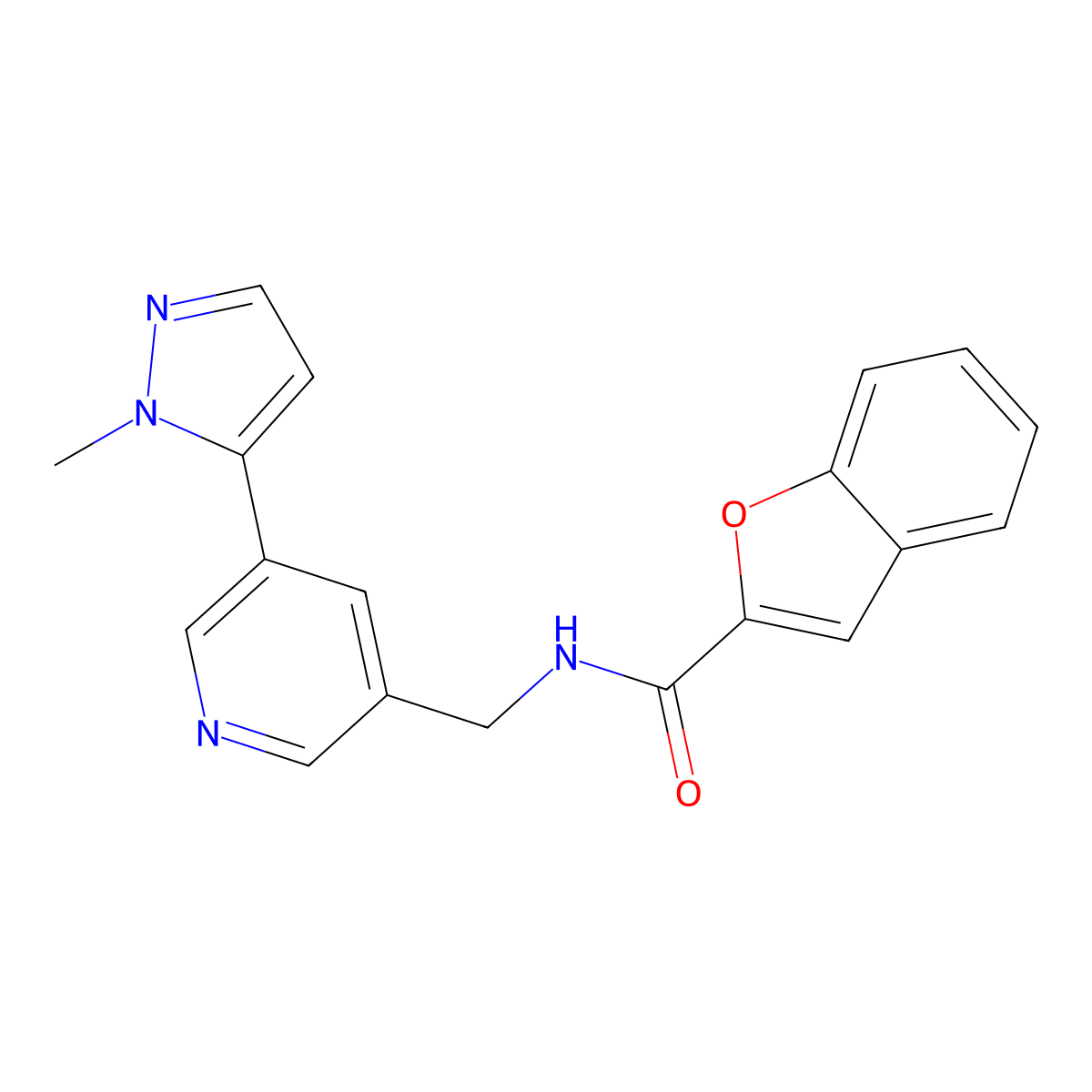 N-((5-(1-methyl-1H-pyrazol-5-yl)pyridin-3-yl)methyl)benzofuran-2-carboxamide molecular structure, CAS 2034462-74-1