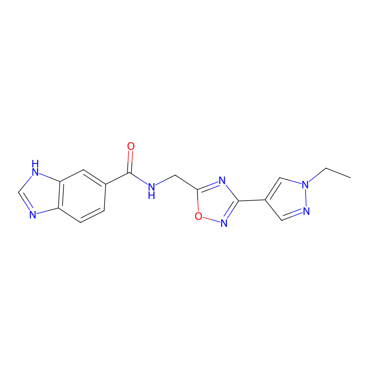 N-((3-(1-ethyl-1H-pyrazol-4-yl)-1,2,4-oxadiazol-5-yl)methyl)-1H-benzo[d]imidazole-5-carboxamide molecular structure, CAS 2034462-75-2