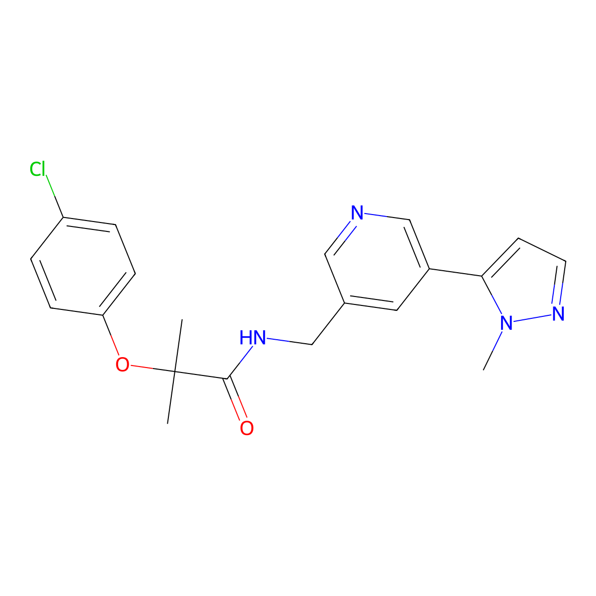 2-(4-chlorophenoxy)-2-methyl-N-((5-(1-methyl-1H-pyrazol-5-yl)pyridin-3-yl)methyl)propanamide molecular structure, CAS 2034462-81-0