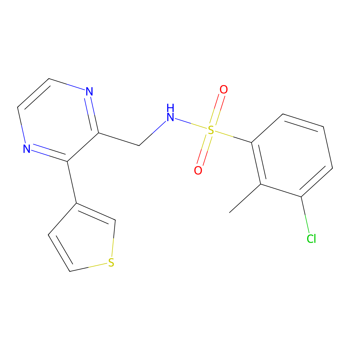 3-chloro-2-methyl-N-((3-(thiophen-3-yl)pyrazin-2-yl)methyl)benzenesulfonamide molecular structure, CAS 2034462-86-5