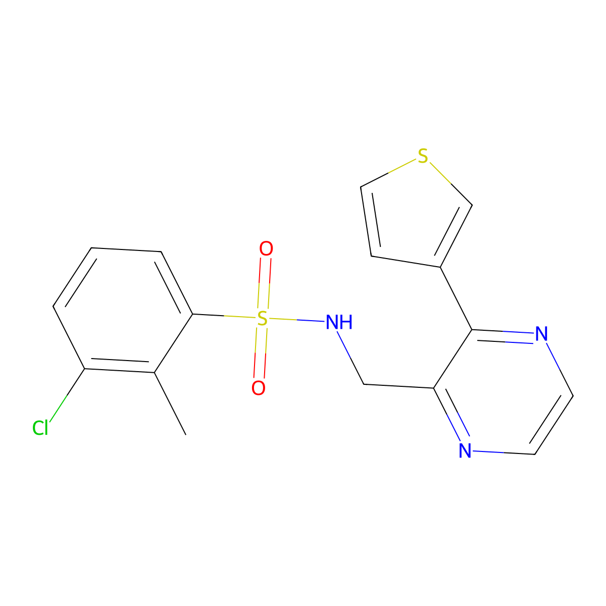 3-chloro-2-methyl-N-((3-(thiophen-3-yl)pyrazin-2-yl)methyl)benzenesulfonamide molecular structure, CAS 2034462-86-5