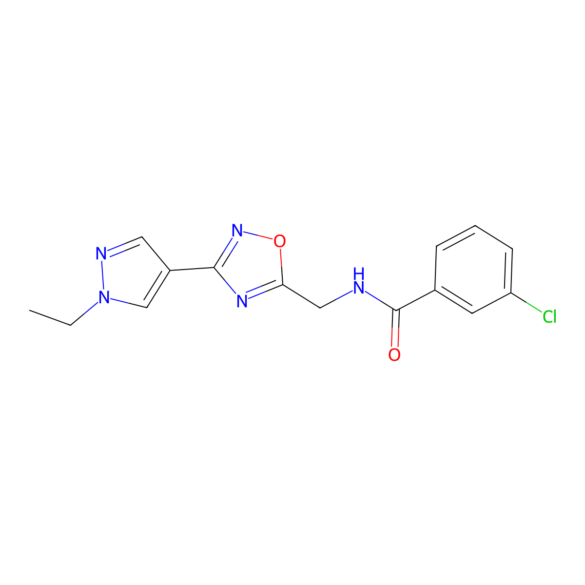 3-chloro-N-((3-(1-ethyl-1H-pyrazol-4-yl)-1,2,4-oxadiazol-5-yl)methyl)benzamide molecular structure, CAS 2034462-94-5