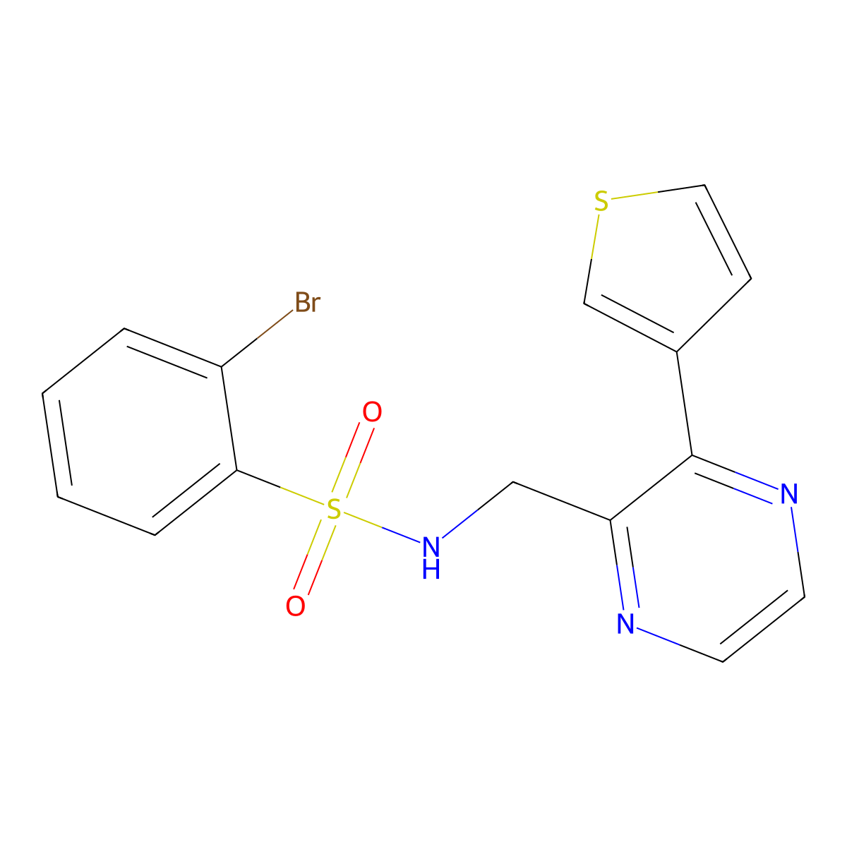 2-bromo-N-{[3-(thiophen-3-yl)pyrazin-2-yl]methyl}benzene-1-sulfonamide molecular structure, CAS 2034463-07-3
