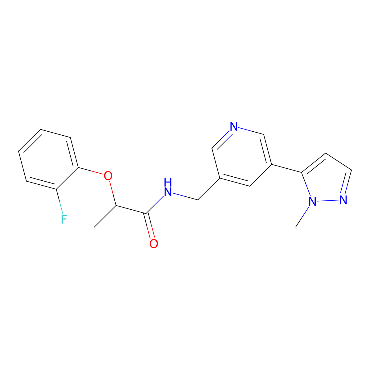 2-(2-fluorophenoxy)-N-{[5-(1-methyl-1H-pyrazol-5-yl)pyridin-3-yl]methyl}propanamide molecular structure, CAS 2034463-21-1