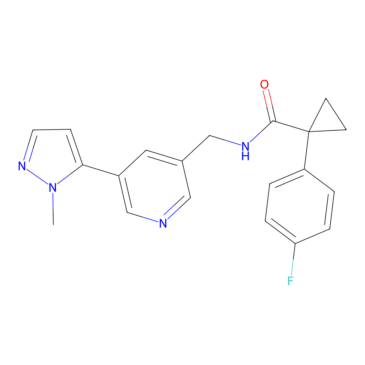 1-(4-fluorophenyl)-N-((5-(1-methyl-1H-pyrazol-5-yl)pyridin-3-yl)methyl)cyclopropanecarboxamide molecular structure, CAS 2034463-27-7