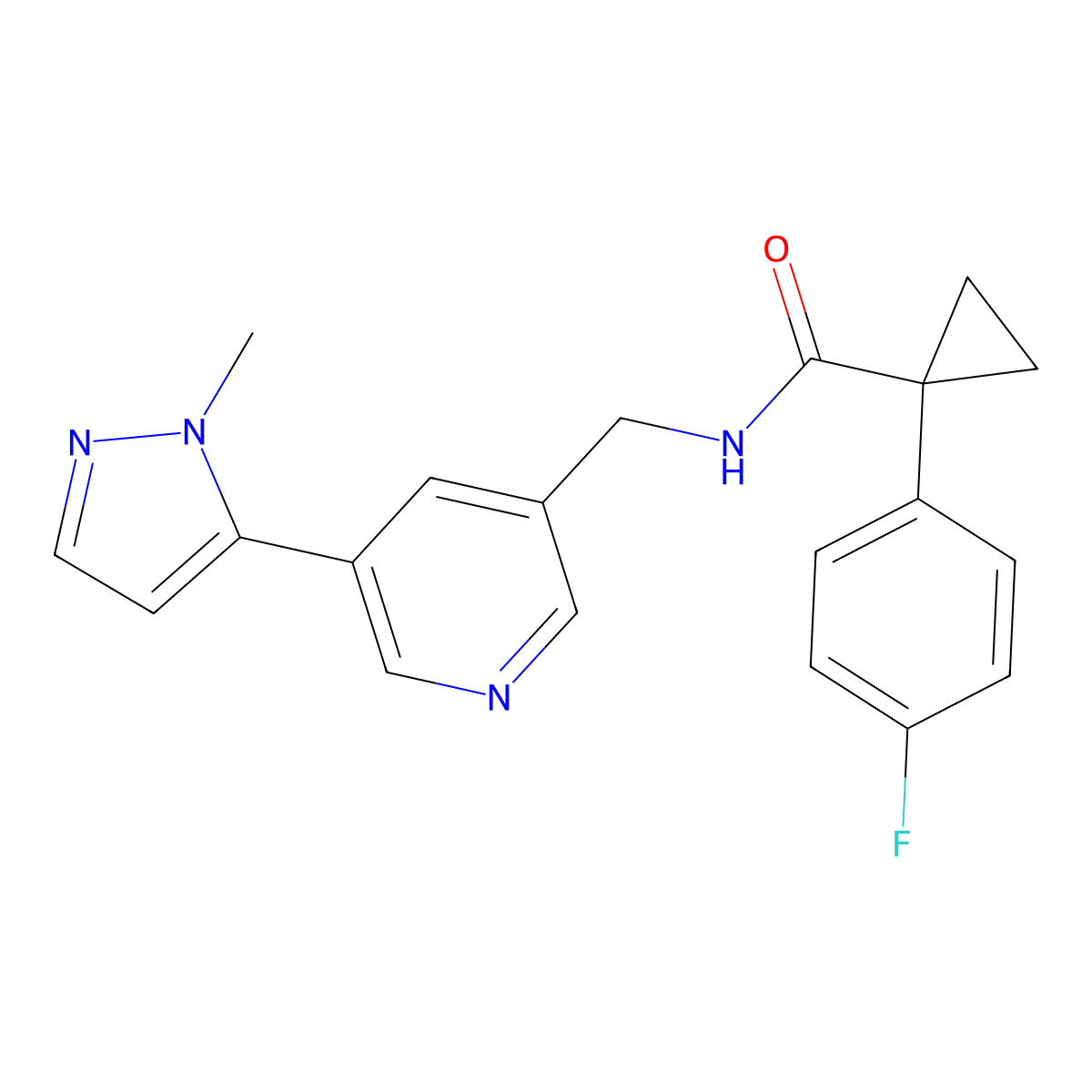 1-(4-fluorophenyl)-N-((5-(1-methyl-1H-pyrazol-5-yl)pyridin-3-yl)methyl)cyclopropanecarboxamide molecular structure, CAS 2034463-27-7