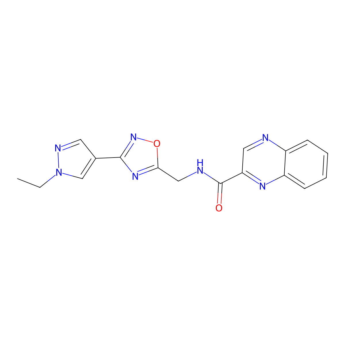 N-((3-(1-ethyl-1H-pyrazol-4-yl)-1,2,4-oxadiazol-5-yl)methyl)quinoxaline-2-carboxamide molecular structure, CAS 2034463-30-2