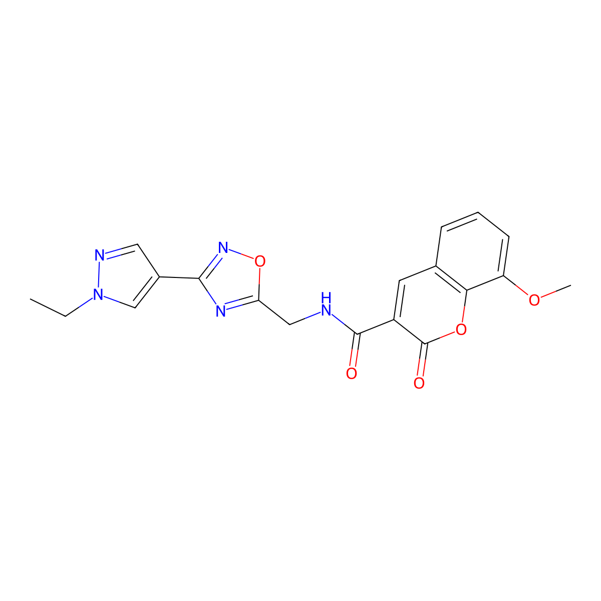 N-((3-(1-ethyl-1H-pyrazol-4-yl)-1,2,4-oxadiazol-5-yl)methyl)-8-methoxy-2-oxo-2H-chromene-3-carboxamide molecular structure, CAS 2034463-32-4