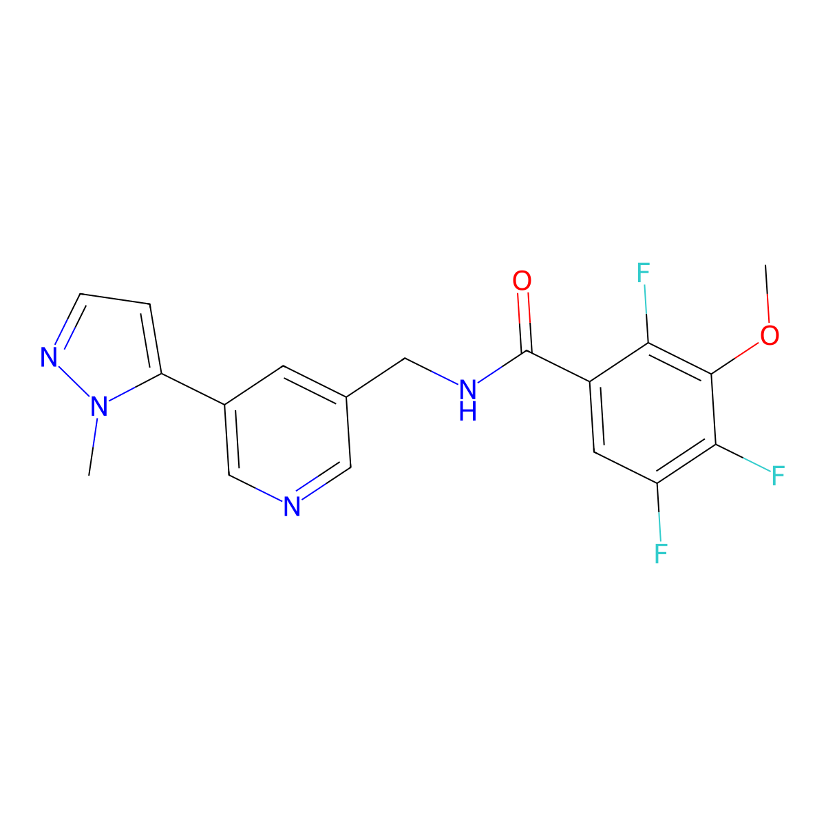 2,4,5-trifluoro-3-methoxy-N-((5-(1-methyl-1H-pyrazol-5-yl)pyridin-3-yl)methyl)benzamide molecular structure, CAS 2034463-33-5