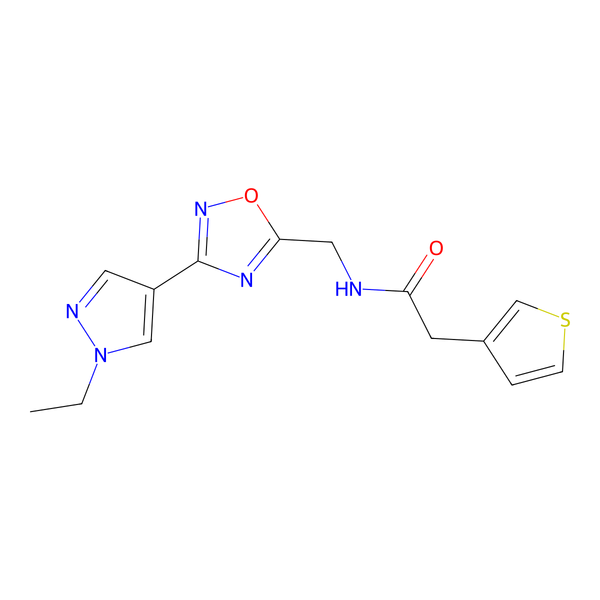 N-((3-(1-ethyl-1H-pyrazol-4-yl)-1,2,4-oxadiazol-5-yl)methyl)-2-(thiophen-3-yl)acetamide molecular structure, CAS 2034463-36-8