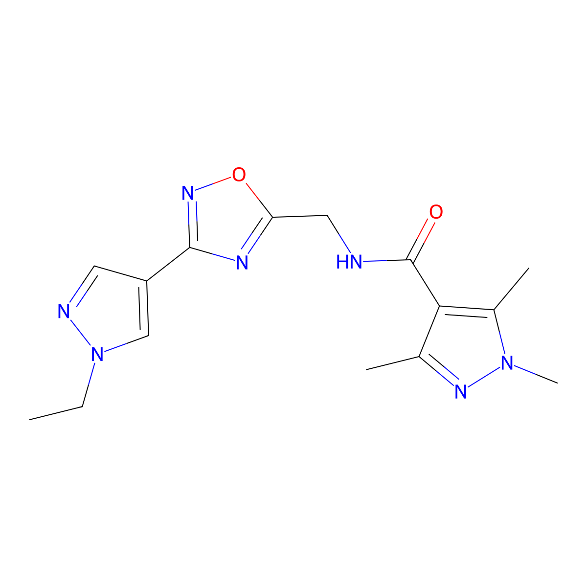 N-{[3-(1-ethyl-1H-pyrazol-4-yl)-1,2,4-oxadiazol-5-yl]methyl}-1,3,5-trimethyl-1H-pyrazole-4-carboxamide molecular structure, CAS 2034463-54-0