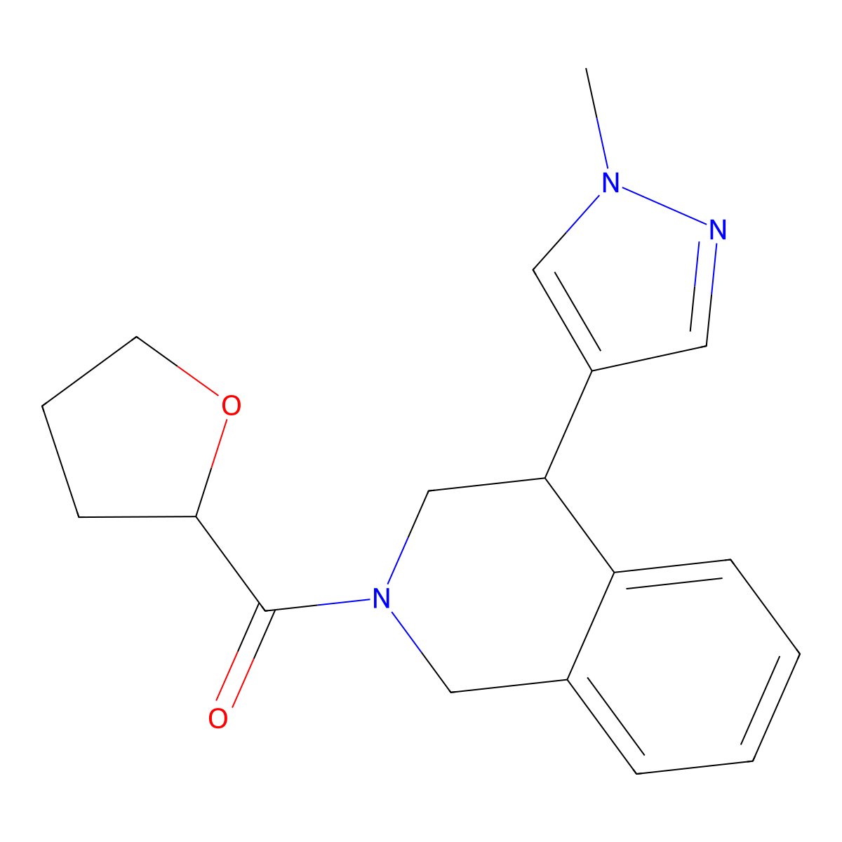 (4-(1-methyl-1H-pyrazol-4-yl)-3,4-dihydroisoquinolin-2(1H)-yl)(tetrahydrofuran-2-yl)methanone molecular structure, CAS 2034463-55-1