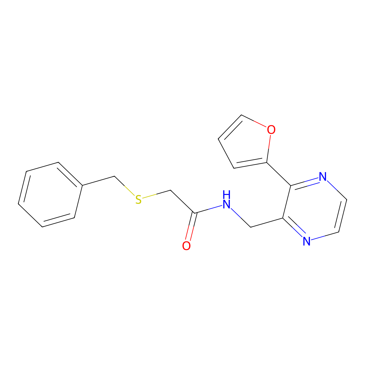 2-(benzylthio)-N-((3-(furan-2-yl)pyrazin-2-yl)methyl)acetamide molecular structure, CAS 2034463-56-2