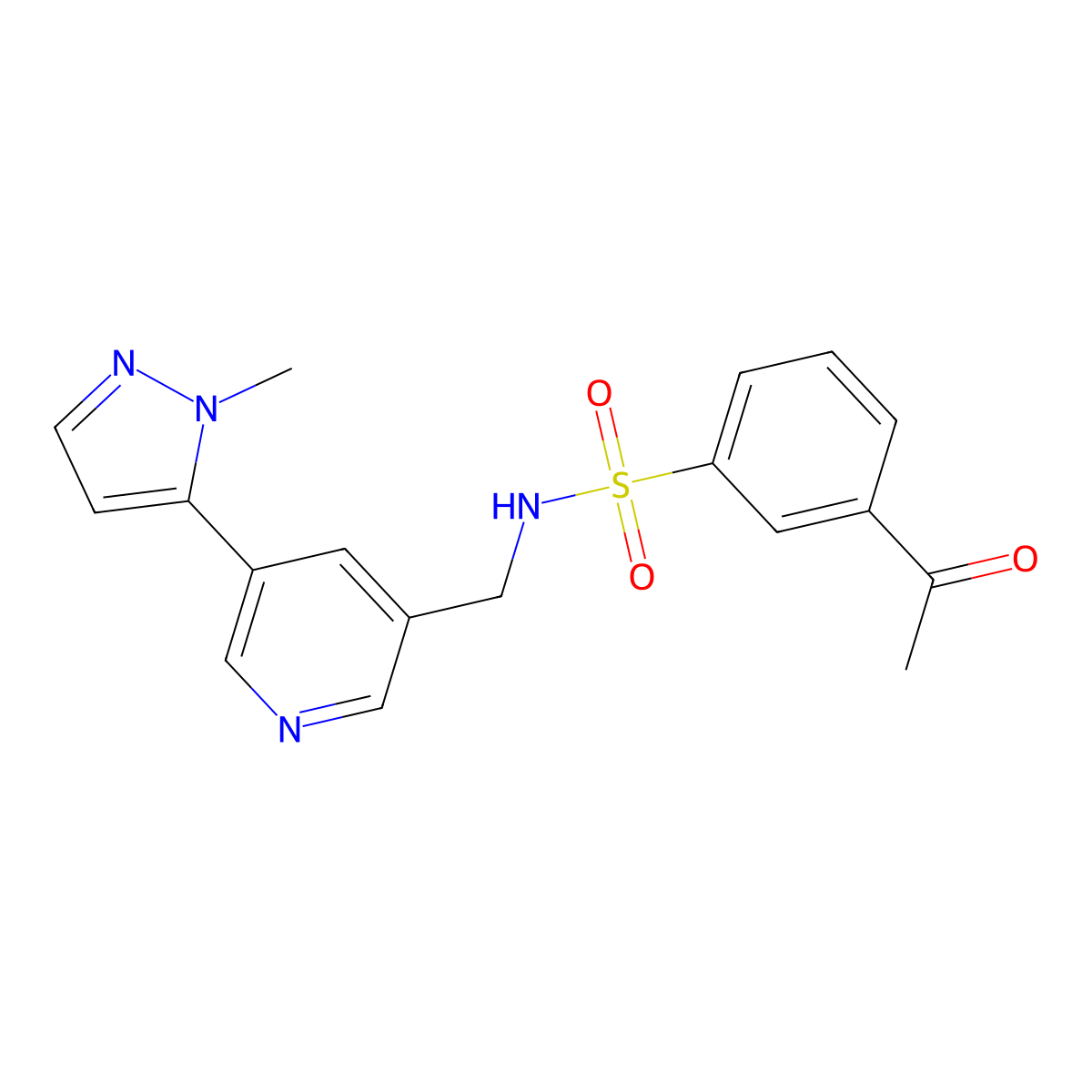 3-acetyl-N-((5-(1-methyl-1H-pyrazol-5-yl)pyridin-3-yl)methyl)benzenesulfonamide molecular structure, CAS 2034463-57-3
