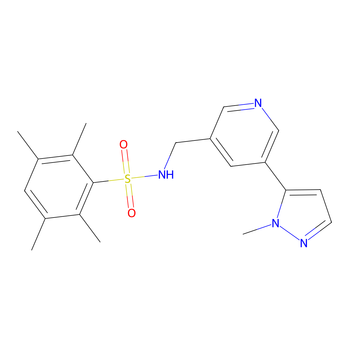2,3,5,6-tetramethyl-N-((5-(1-methyl-1H-pyrazol-5-yl)pyridin-3-yl)methyl)benzenesulfonamide molecular structure, CAS 2034463-60-8