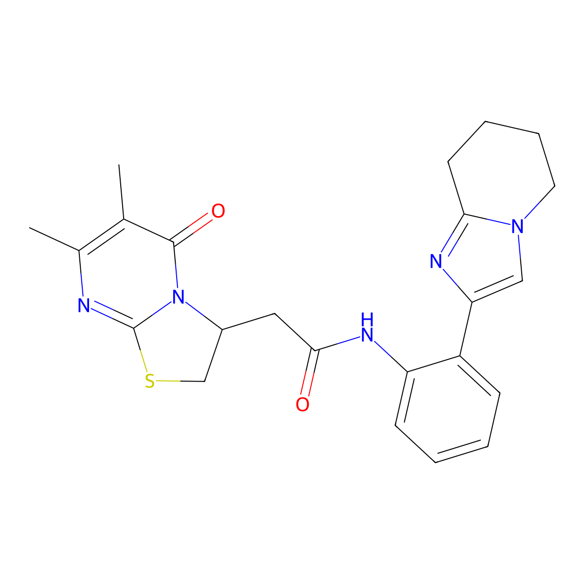 2-(6,7-dimethyl-5-oxo-3,5-dihydro-2H-thiazolo[3,2-a]pyrimidin-3-yl)-N-(2-(5,6,7,8-tetrahydroimidazo[1,2-a]pyridin-2-yl)phenyl)acetamide molecular structure, CAS 2034463-62-0